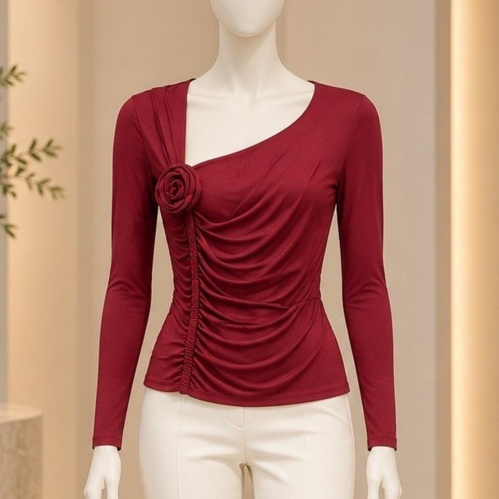 Farm Rio Womens Blouse Burgundy Ruched 3D Flower Long Sleeve Size Extra Small
